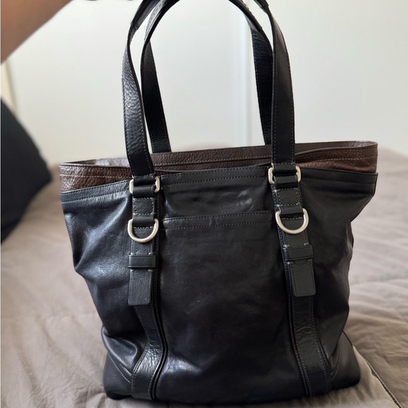 Coach Brown and Black Leather Tote Bag - Picture 3 of 9